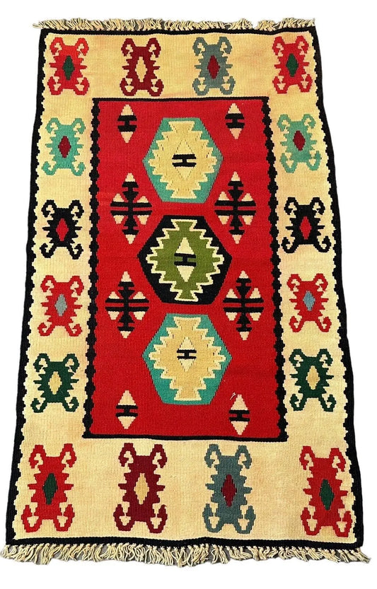 Handmade Vintage Rug 100% Wool Turkish Kilim Geometric Multicolor 2'4 x 4'1 I Got Rugs