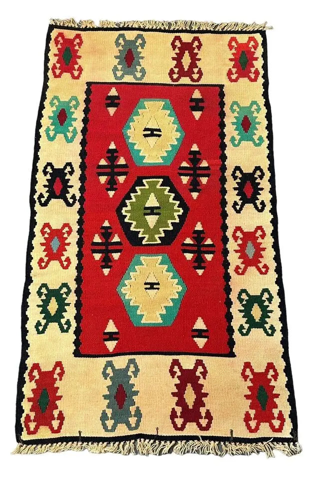 Handmade Vintage Rug 100% Wool Turkish Kilim Geometric Multicolor 2'4 x 4'1 I Got Rugs