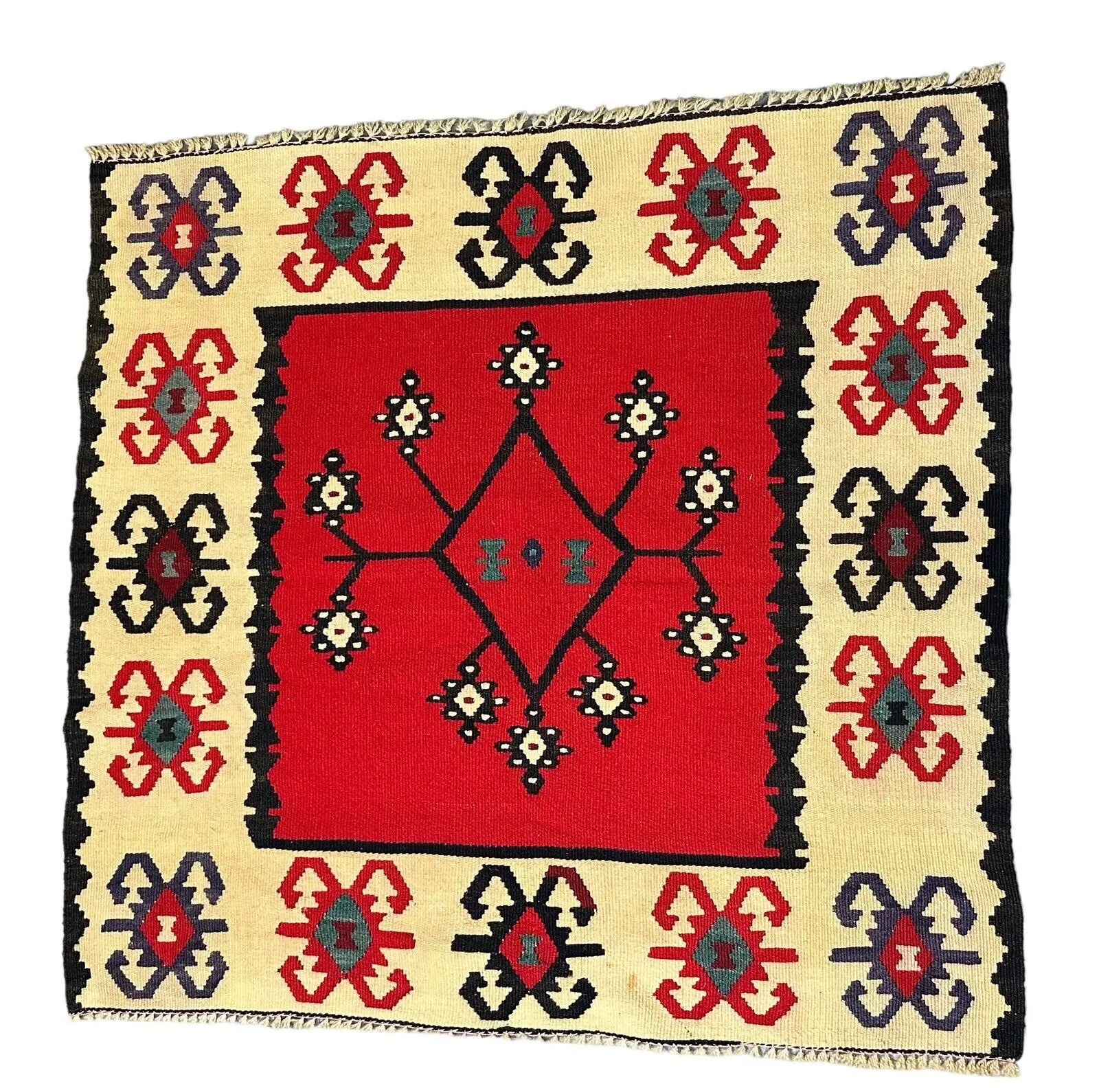 Handmade Vintage Rug 100% Wool Turkish Multicolor Flat Weave Design 3'1 x 3'3 I Got Rugs