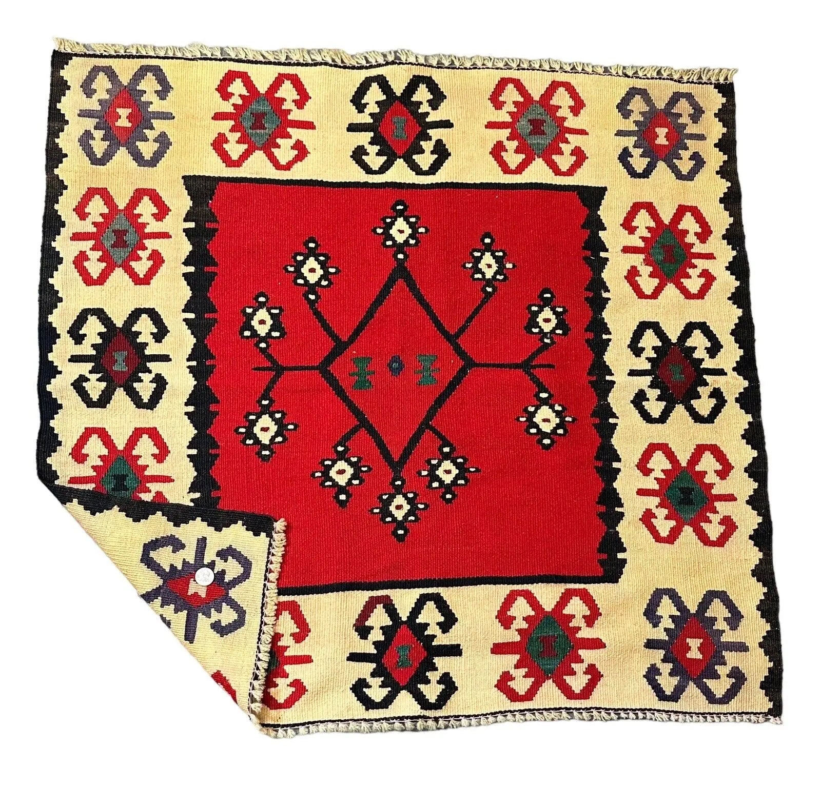 Handmade Vintage Rug 100% Wool Turkish Multicolor Flat Weave Design 3'1 x 3'3 I Got Rugs