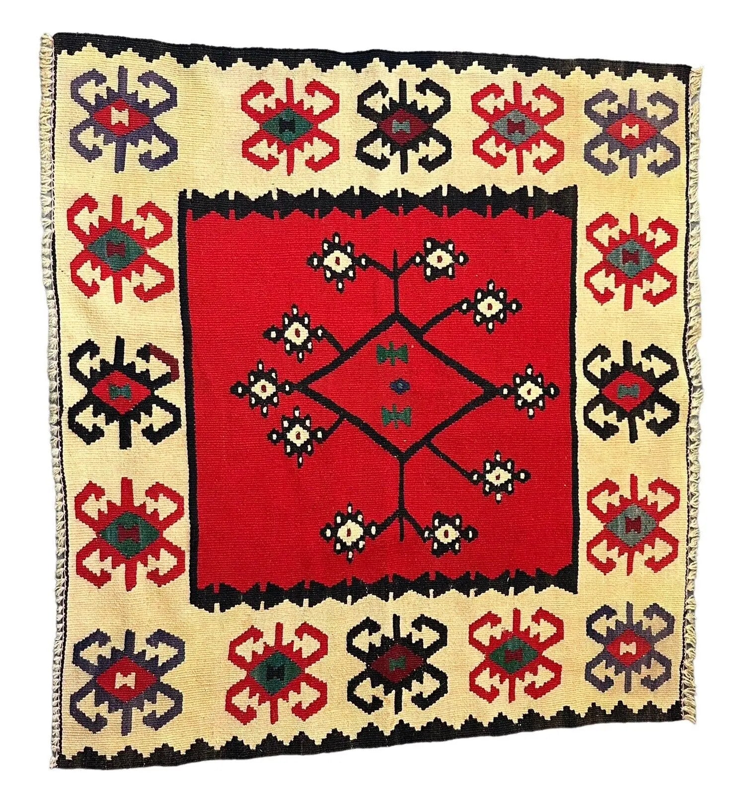 Handmade Vintage Rug 100% Wool Turkish Multicolor Flat Weave Design 3'1 x 3'3 I Got Rugs