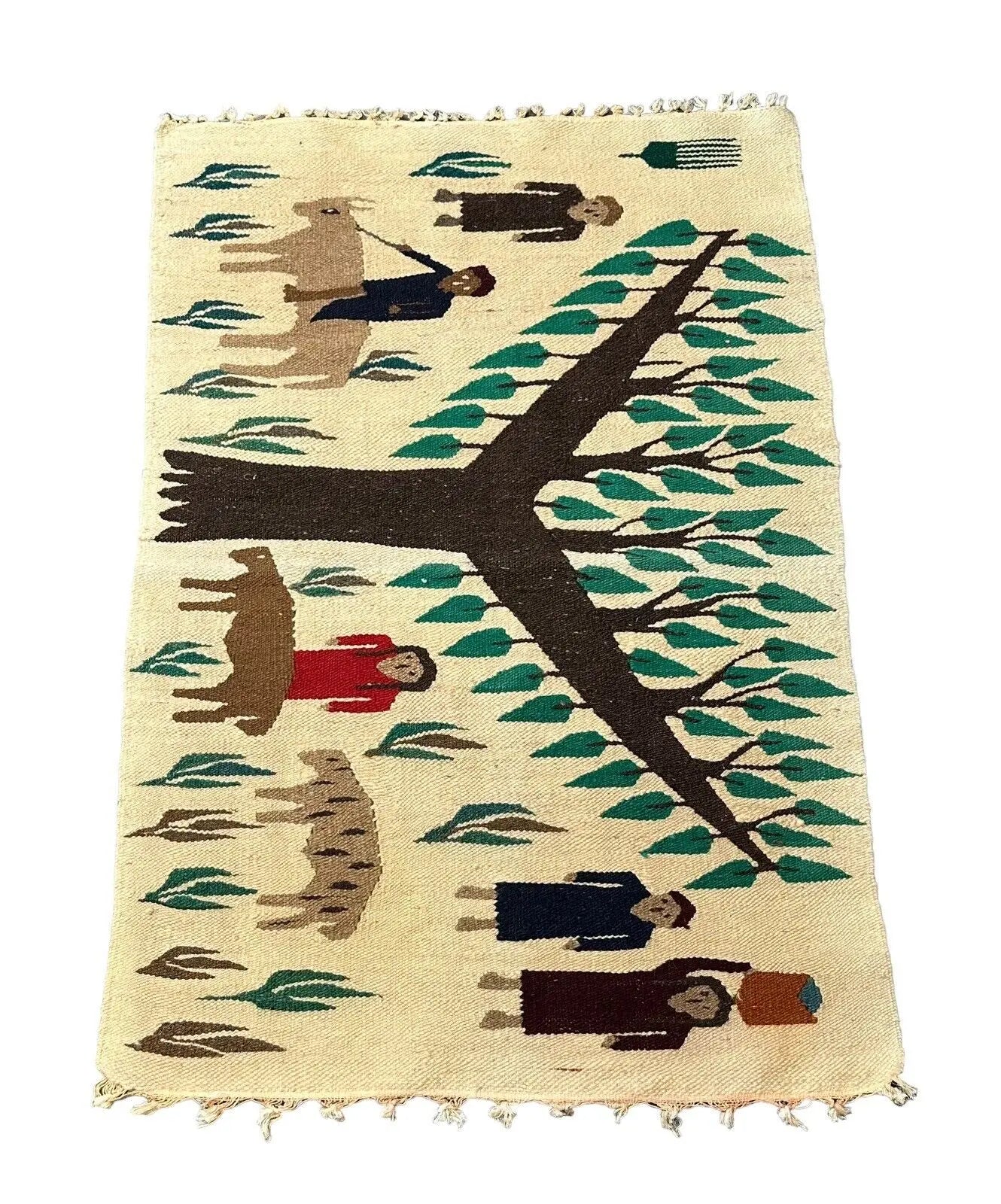Handmade Vintage Rug 100% Wool Turkish Village Pictorial Multicolor 2'6 x 3'7 I Got Rugs
