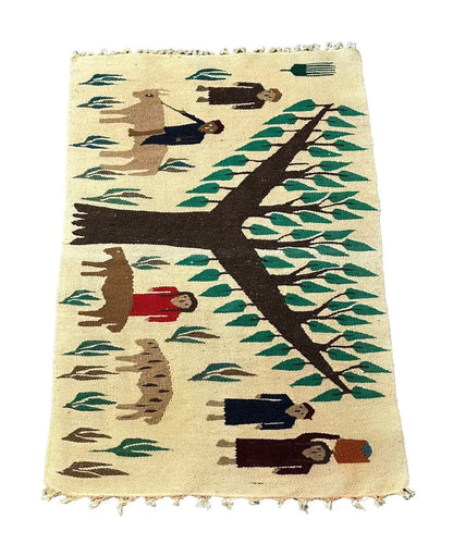 Handmade Vintage Rug 100% Wool Turkish Village Pictorial Multicolor 2'6 x 3'7 I Got Rugs