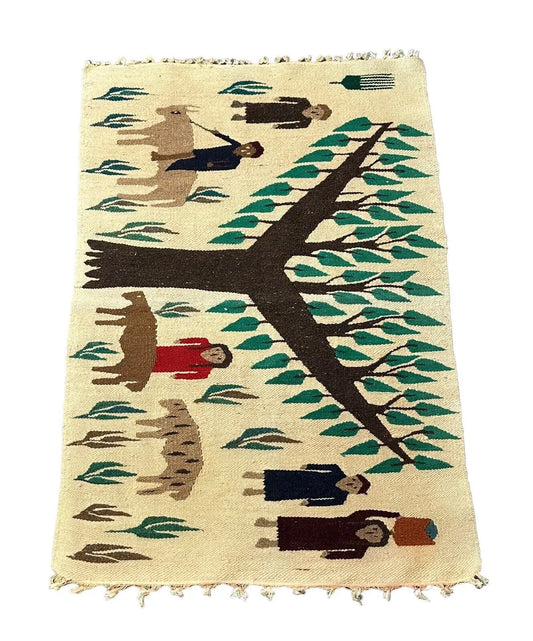 Handmade Vintage Rug 100% Wool Turkish Village Pictorial Multicolor 2'6 x 3'7 I Got Rugs