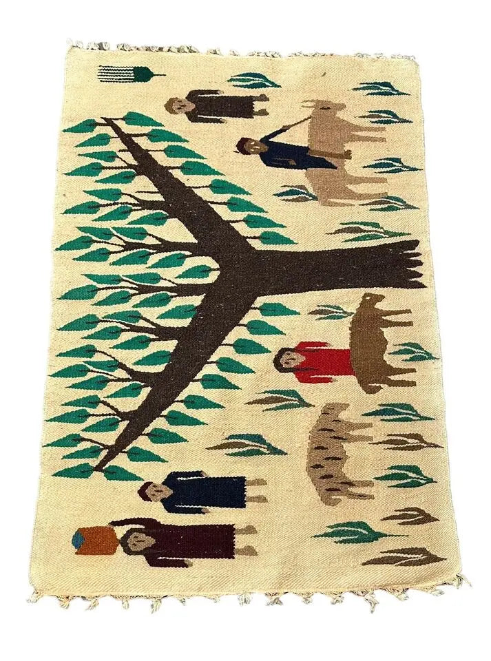 Handmade Vintage Rug 100% Wool Turkish Village Pictorial Multicolor 2'6 x 3'7 I Got Rugs