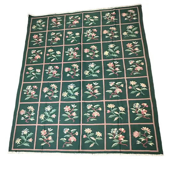 Handmade Vintage Rug Indian Wool Dhurrie Floral Design Green 7'11 x 9'6 I Got Rugs