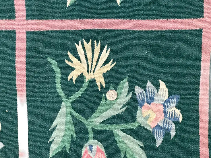 Handmade Vintage Rug Indian Wool Dhurrie Floral Design Green 7'11 x 9'6 I Got Rugs