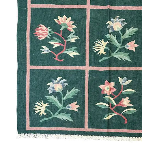 Handmade Vintage Rug Indian Wool Dhurrie Floral Design Green 7'11 x 9'6 I Got Rugs