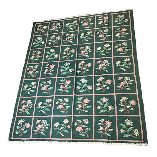 Handmade Vintage Rug Indian Wool Dhurrie Floral Design Green 7'11 x 9'6 I Got Rugs