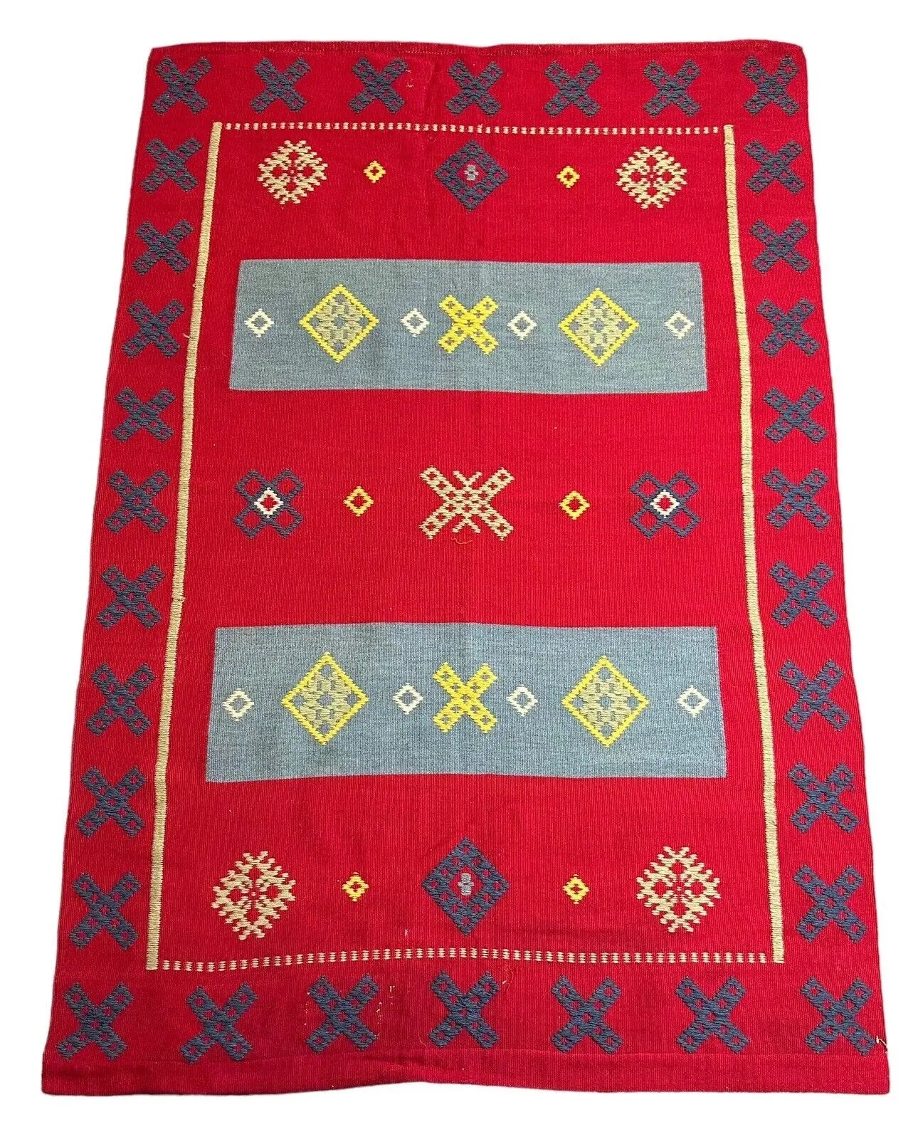 Handmade Vintage Rug Red Turkish Flat Weave Design 100% Wool 3'5 x 5'1 I Got Rugs