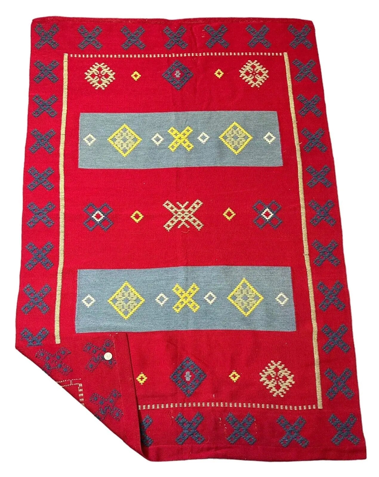 Handmade Vintage Rug Red Turkish Flat Weave Design 100% Wool 3'5 x 5'1 I Got Rugs