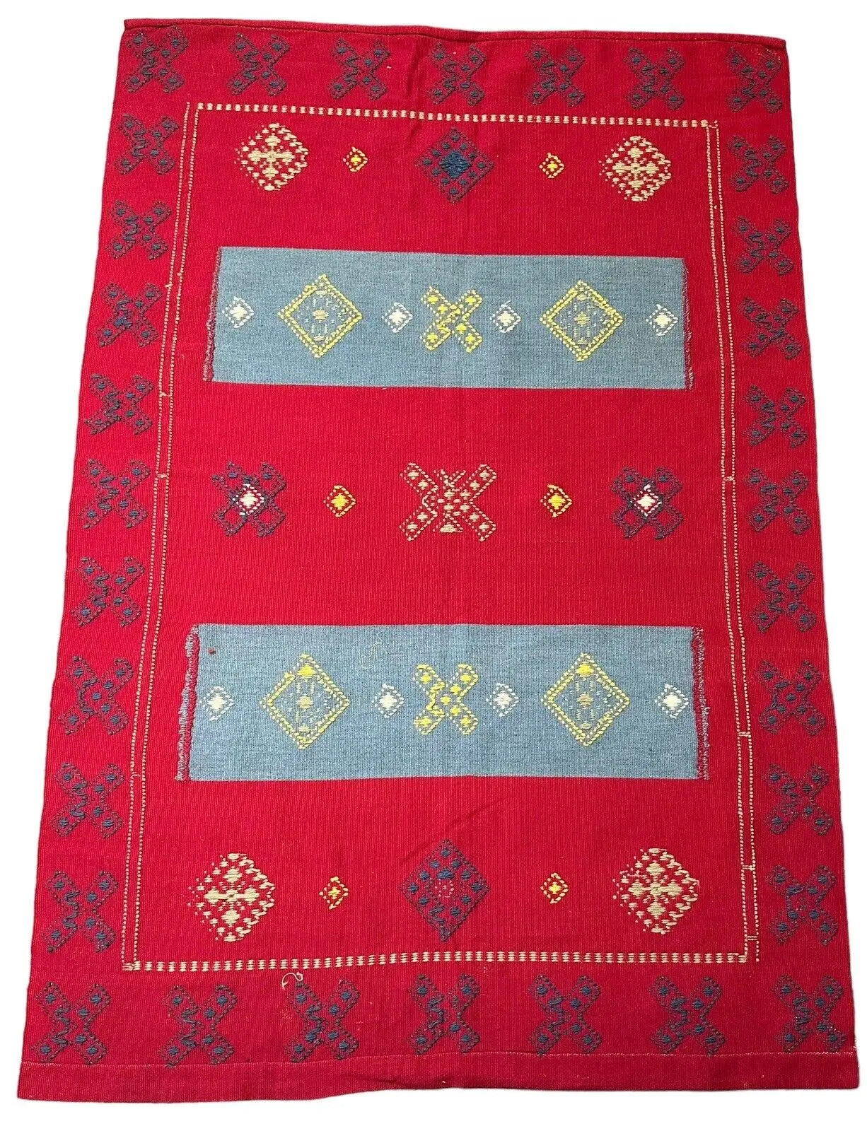 Handmade Vintage Rug Red Turkish Flat Weave Design 100% Wool 3'5 x 5'1 I Got Rugs