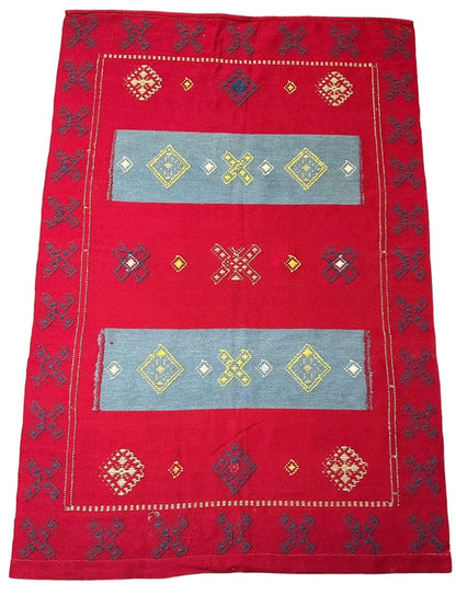 Handmade Vintage Rug Red Turkish Flat Weave Design 100% Wool 3'5 x 5'1 I Got Rugs