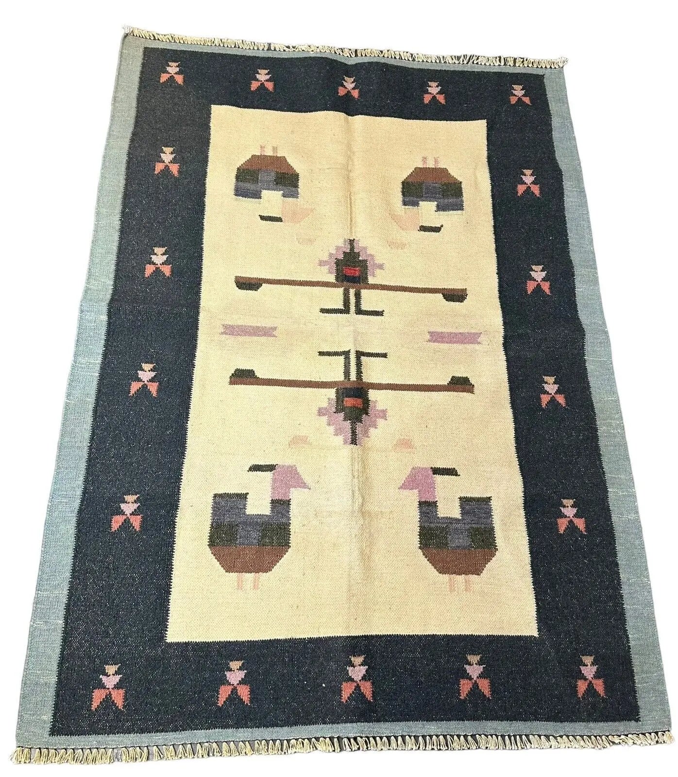 Handmade Vintage Rug Turkish Geometric Animal Design 100% Wool 3'4 x 5'5 I Got Rugs