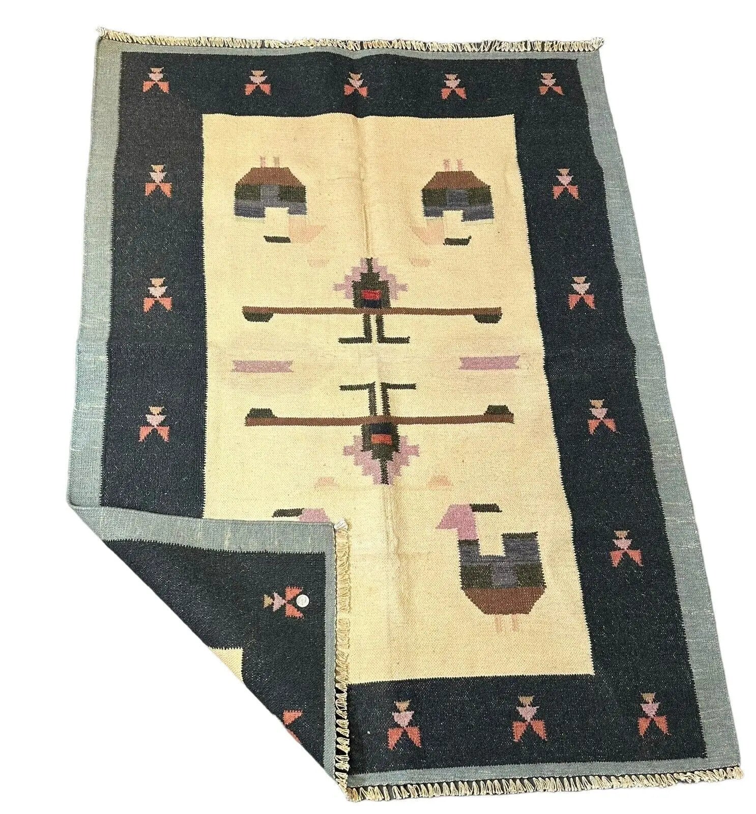 Handmade Vintage Rug Turkish Geometric Animal Design 100% Wool 3'4 x 5'5 I Got Rugs