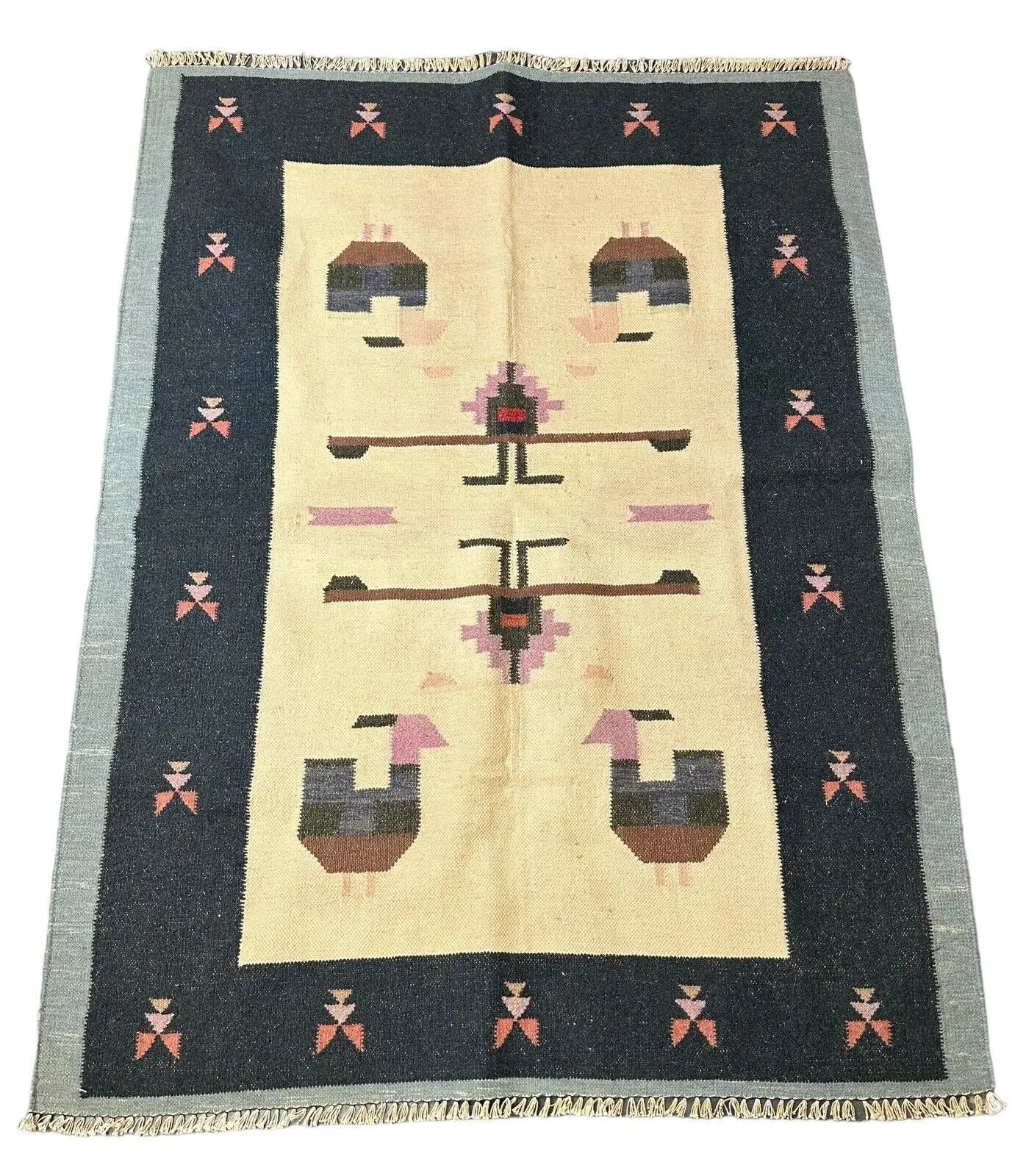 Handmade Vintage Rug Turkish Geometric Animal Design 100% Wool 3'4 x 5'5 I Got Rugs