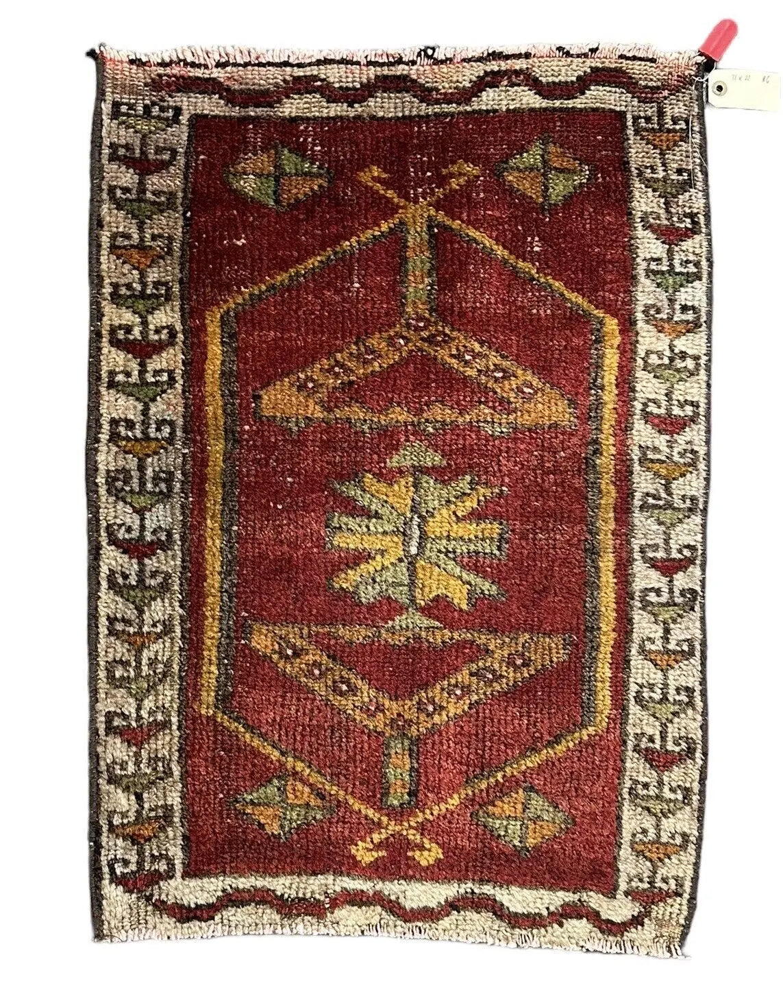 Handmade Vintage Rug Turkish Geometric Design 1'10 x 2'7 100% Wool I Got Rugs