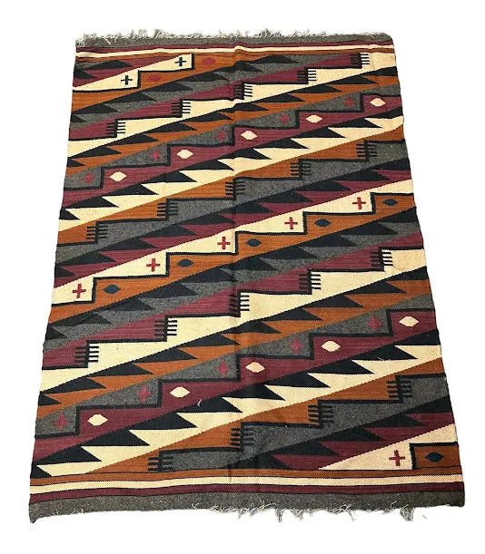 Handmade Vintage Rug Turkish Kilim Burgundy, Orange, Ivory, Gray Unique Pattern 3'8 x 5'2 I Got Rugs