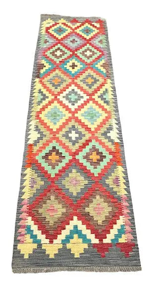 Handmade Vintage Rug Wool Afghan Kilim Bright Color Geometric Pattern 2'9 x 8'11 I Got Rugs