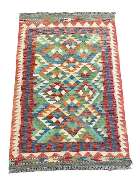 Handmade Vintage Rug Wool Turkish Kilim Bright Color Geometric Design 3'2 x 4'10 I Got Rugs
