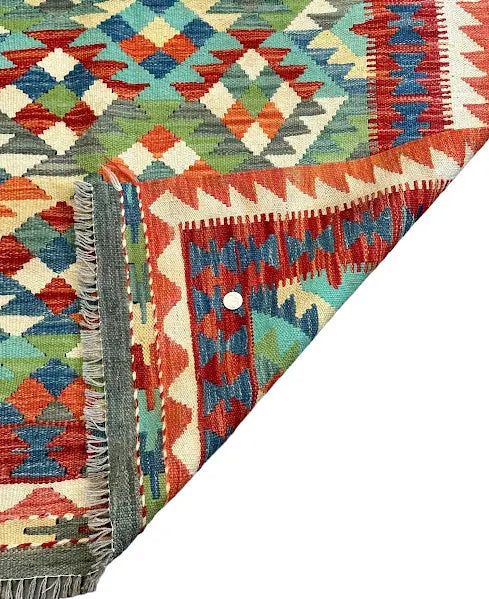 Handmade Vintage Rug Wool Turkish Kilim Bright Color Geometric Design 3'2 x 4'10 I Got Rugs