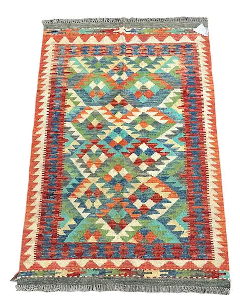 Handmade Vintage Rug Wool Turkish Kilim Bright Color Geometric Design 3'2 x 4'10 I Got Rugs