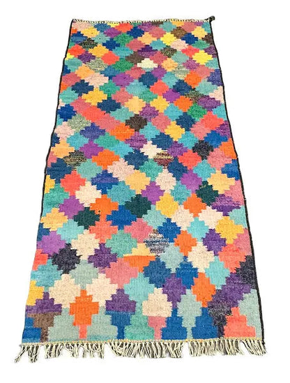 Handmade Vintage Rug Wool Turkish Kilim Bright Color Geometric Pattern 3'5 x 6'9 I Got Rugs