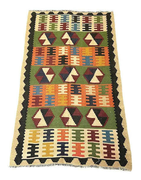 Handmade Vintage Rug Wool Turkish Kilim Geometric Design Multicolor 3'4 x 5'8 I Got Rugs