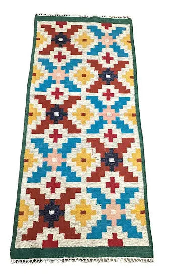 Handmade Vintage Rug Wool Turkish Kilim Geometric Design Unique Colors 2'7 x 5'10 - I Got Rugs Handmade Vintage Rug Wool Turkish Kilim Geometric Design Unique Colors 2'7 x 5'10 I Got Rugs Handmade Vintage I Got Rugs  180.00