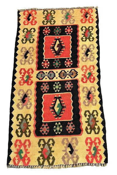 Handmade Vintage Rug Wool Turkish Kilim Geometric Pattern 2'4 x 4'4 I Got Rugs