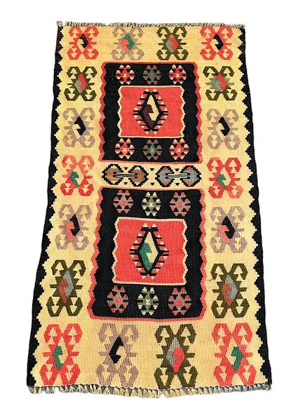Handmade Vintage Rug Wool Turkish Kilim Geometric Pattern 2'4 x 4'4 I Got Rugs