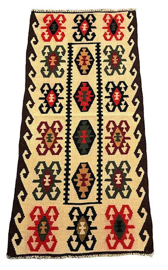 Handmade Vintage Rug Wool Turkish Kilim Multicolor Geometric Design 1'11 x 4'1 I Got Rugs