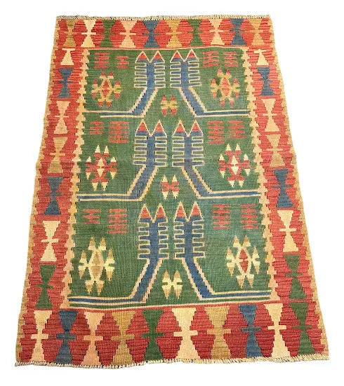 Handmade Vintage Rug Wool Turkish Kilim Multicolor Geometric Design 3'8 x 5'4 - I Got Rugs Handmade Vintage Rug Wool Turkish Kilim Multicolor Geometric Design 3'8 x 5'4 I Got Rugs Handmade Vintage I Got Rugs  189.00