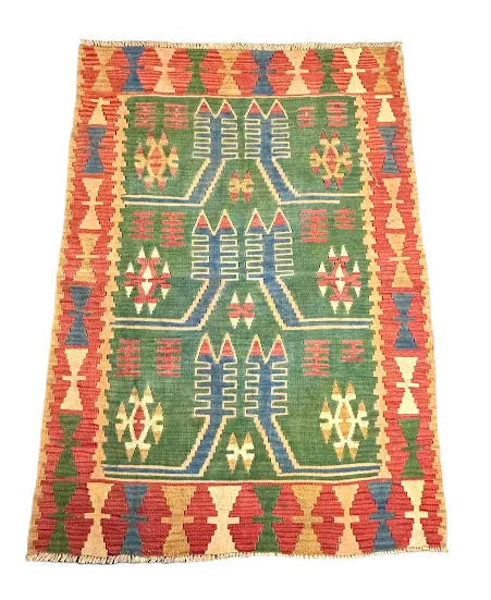Handmade Vintage Rug Wool Turkish Kilim Multicolor Geometric Design 3'8 x 5'4 - I Got Rugs Handmade Vintage Rug Wool Turkish Kilim Multicolor Geometric Design 3'8 x 5'4 I Got Rugs Handmade Vintage I Got Rugs  189.00