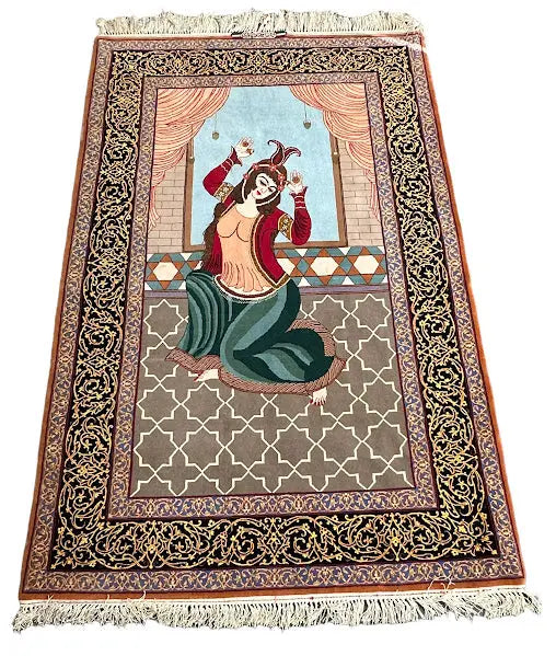 Handmade Vintage Silk Rug Persian Isfahan Shahbazi Pictorial Design 3'8 x 5'9 I Got Rugs