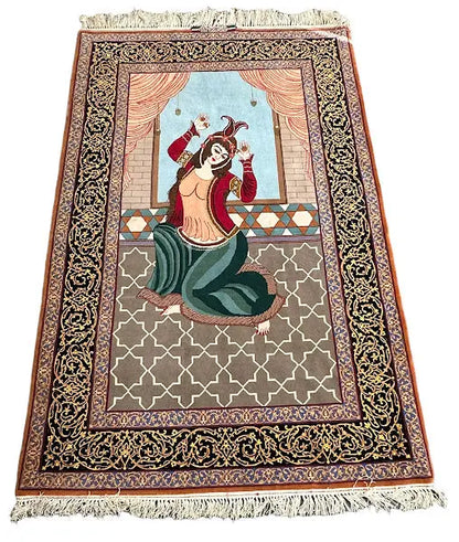 Handmade Vintage Silk Rug Persian Isfahan Shahbazi Pictorial Design 3'8 x 5'9 I Got Rugs