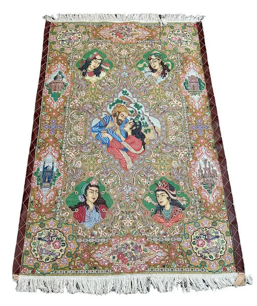 Handmade Vintage Silk Rug Persian Tabriz Pictorial Design 3'8 x 5'9 I Got Rugs