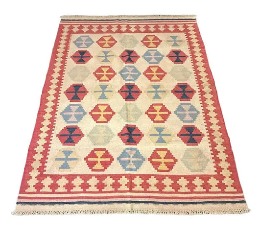 Handmade Vintage Turkish Kilim Wool Rug Multicolor Geometric Design 5'9 x 7'9 I Got Rugs