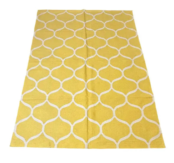 Handmade Vintage Turkish Kilim Wool Rug Yellow Geometric Design 5'6 x 7'9 I Got Rugs
