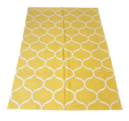Handmade Vintage Turkish Kilim Wool Rug Yellow Geometric Design 5'6 x 7'9 I Got Rugs
