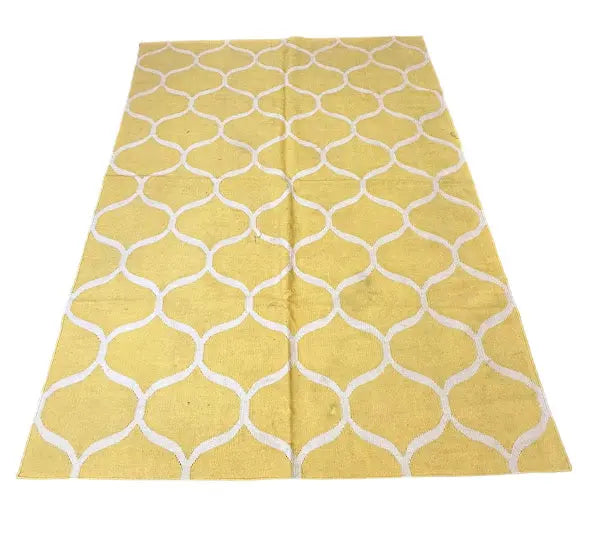 Handmade Vintage Turkish Kilim Wool Rug Yellow Geometric Design 5'6 x 7'9 I Got Rugs