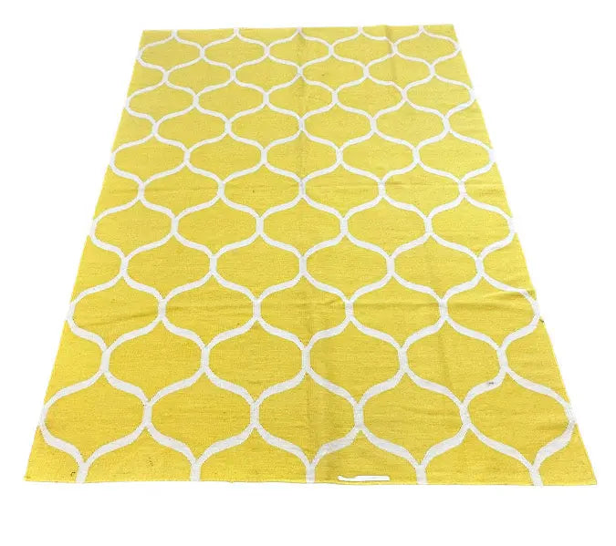 Handmade Vintage Turkish Wool Rug Yellow Geometric Design 5'7 x 7'10 I Got Rugs