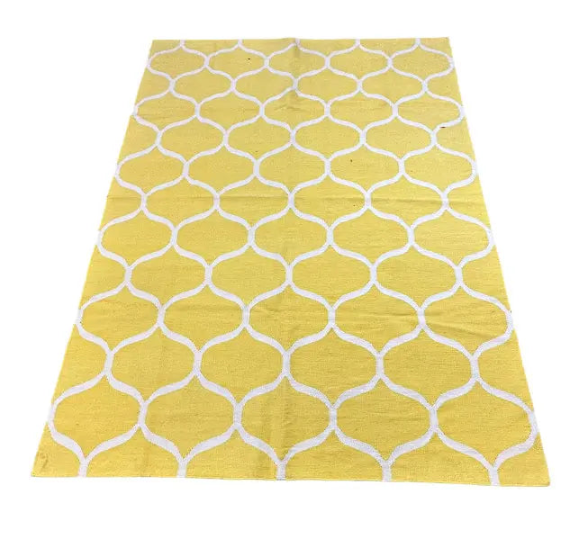 Handmade Vintage Turkish Wool Rug Yellow Geometric Design 5'7 x 7'10 I Got Rugs