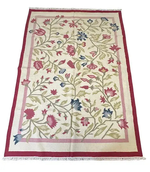 Handmade Vintage Wool Rug Afghan Kilim Floral Design 5'6 x 7'10 I Got Rugs