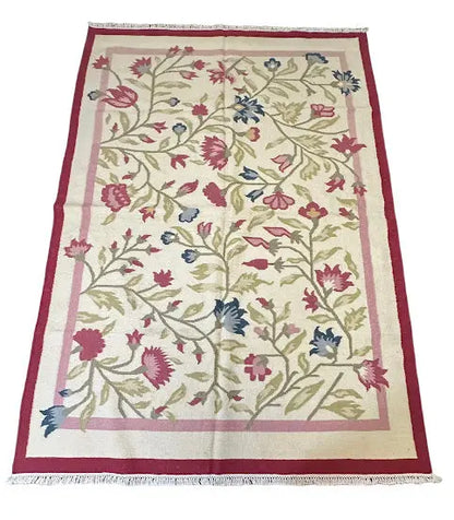 Handmade Vintage Wool Rug Afghan Kilim Floral Design 5'6 x 7'10 I Got Rugs