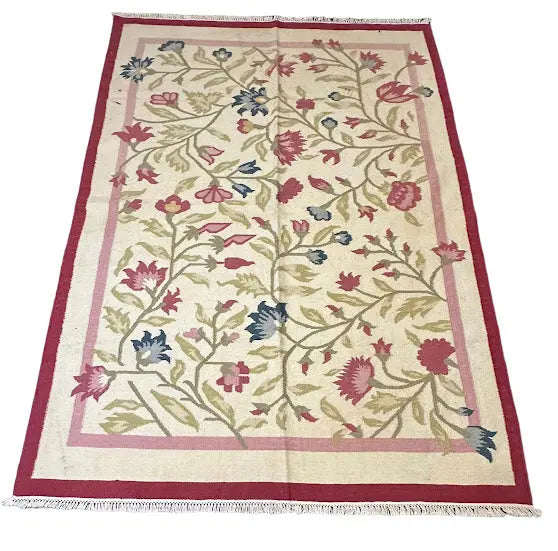 Handmade Vintage Wool Rug Afghan Kilim Floral Design 5'6 x 7'10 I Got Rugs