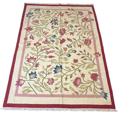 Handmade Vintage Wool Rug Afghan Kilim Floral Design 5'6 x 7'10 I Got Rugs