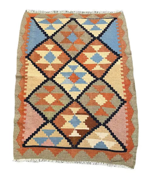 Handmade Vintage Wool Rug Afghan Kilim Geometric Oriental Design 3' x 4'1 I Got Rugs