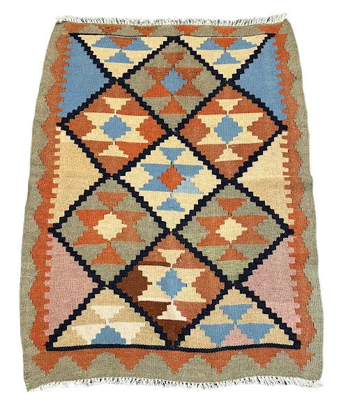 Handmade Vintage Wool Rug Afghan Kilim Geometric Oriental Design 3' x 4'1 I Got Rugs