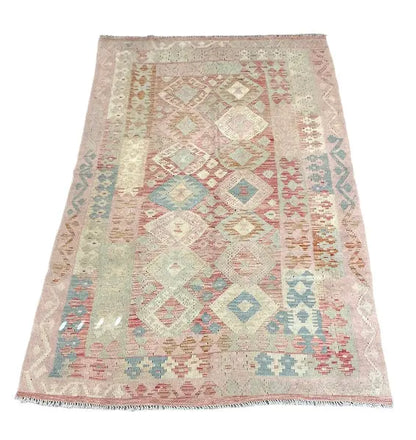 Handmade Vintage Wool Rug Afghan Kilim Multicolor Diamond Design 5'4 x 8'3 I Got Rugs